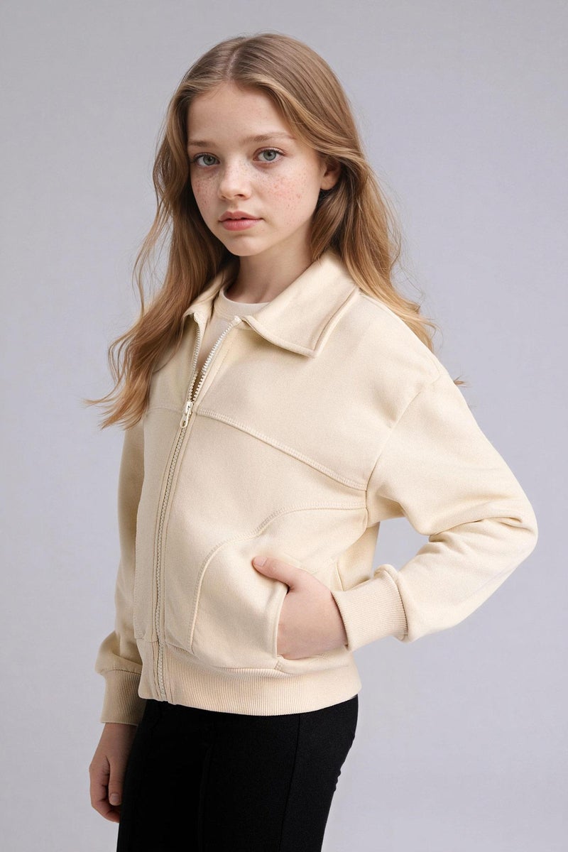 DeFacto Beige Girl Girl Polo Collar Zip-Up Sweatshirt Casual - Image 4